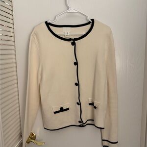 H&M Cream Round-Neck Cardigan with Black Trim